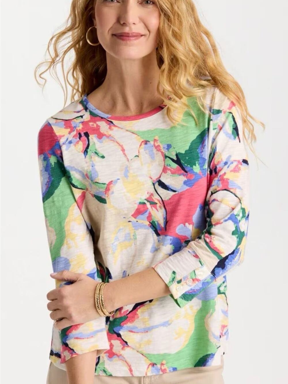 NWT CHICO’S Printed Cotton Slub 3/4 Sleeve Button Tee Office Casual Sz XL